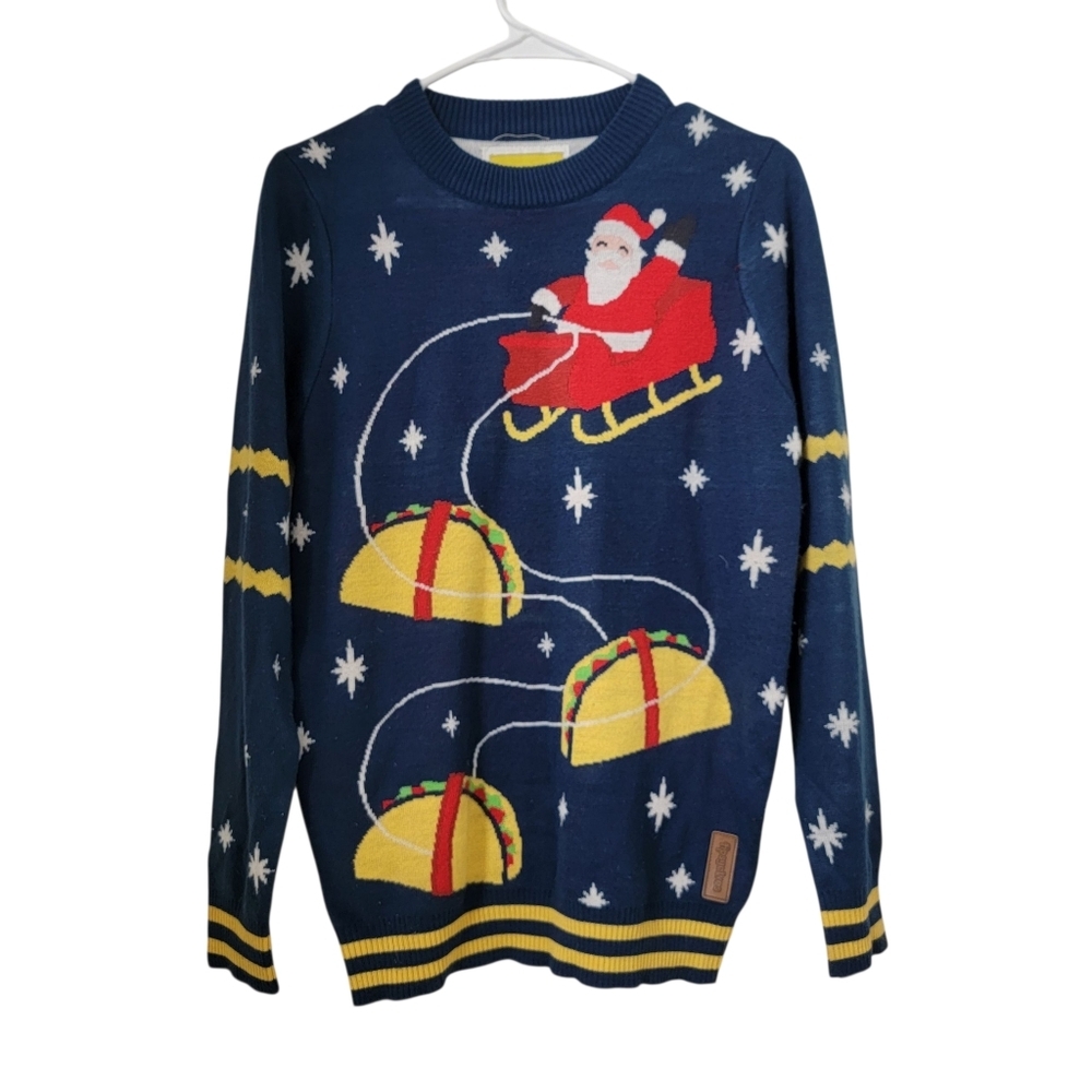 Tipsy Elves Size S Blue/Yellow Sleigh Santa Taco Sweater Ugly Christmas